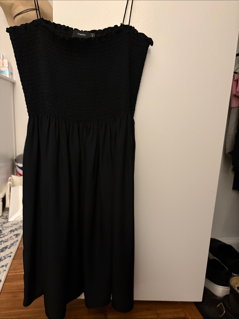 Theory Black Smocked Midi Dress with Spaghetti Straps